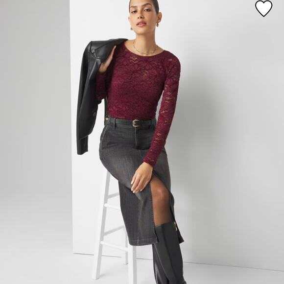 Adrianna Papell Lace Overlay Crew Neck Long Sleeve Top in Merlot Women's Large - Picture 2 of 15